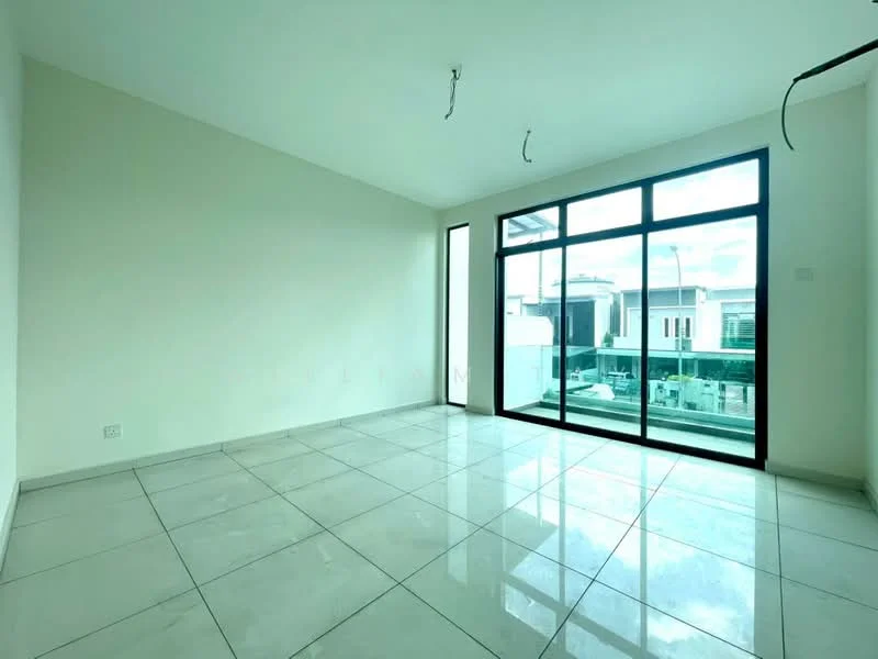 Room features: white painted walls, glossy ceramic tile flooring, floor-to-ceiling windows, sliding glass door, natural light from large windows, exposed ceiling with electrical wiring, balcony view, minimalist design; style: modern.