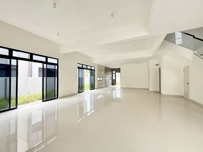 Room features: white painted walls, polished ceramic tile flooring, exposed beams on ceiling, large floor-to-ceiling windows, multiple windows for natural light, open layout, high ceiling, minimalist design; style: modern; view: garden.