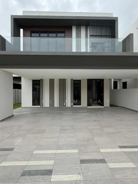 Exterior type: detached bungalow; features: modern facade with horizontal and vertical elements, large glass windows, grey painted walls, stone cladding, flat roof, open car porch, manicured lawn, paved driveway, balcony with glass railing, minimalist design, surrounded by greenery; style: modern.