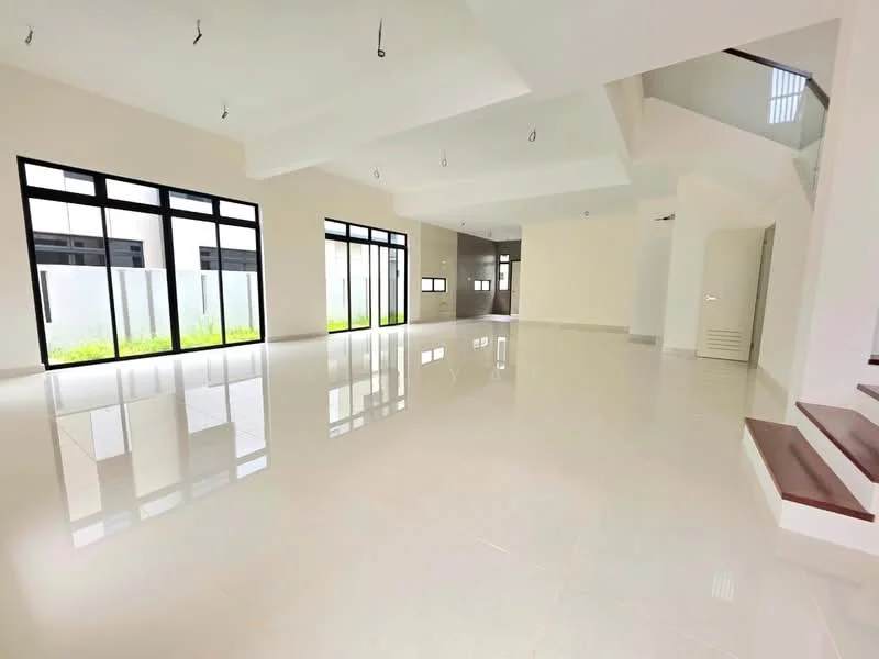 Room features: white painted walls, polished ceramic tile flooring, high ceilings, large floor-to-ceiling windows, multiple light fixtures, open layout, staircase with wooden steps, natural light from windows, minimalist design, neutral color palette; style: modern; view: garden.