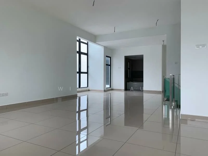 Living features: white painted walls, glossy ceramic tile flooring, large floor-to-ceiling windows, natural light, open layout, neutral color scheme, high ceilings, minimalist design; style: modern. Room features: white painted walls, glossy ceramic tile flooring, open layout, natural light.