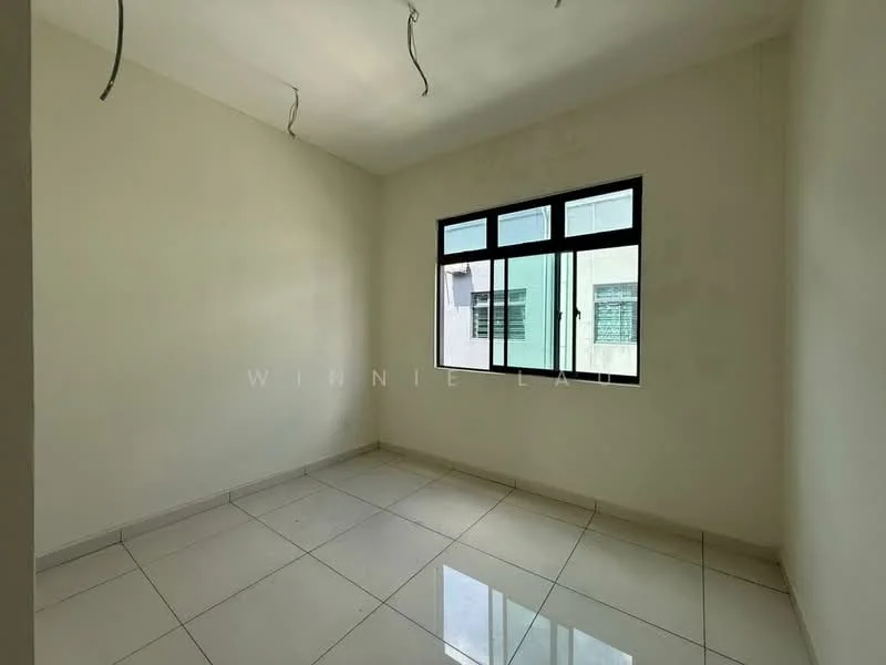 Room features: white painted walls, tile flooring, large window, natural light, ceiling with exposed wiring.