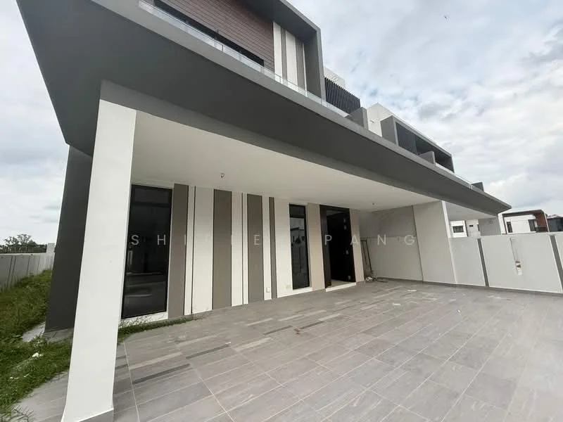 Exterior type: semi-detached house; features: grey painted facade, vertical striped wall design, flat roof, porch area, large glass windows, sliding glass door, stone-paved flooring, manicured lawn, fenced perimeter; style: modern.