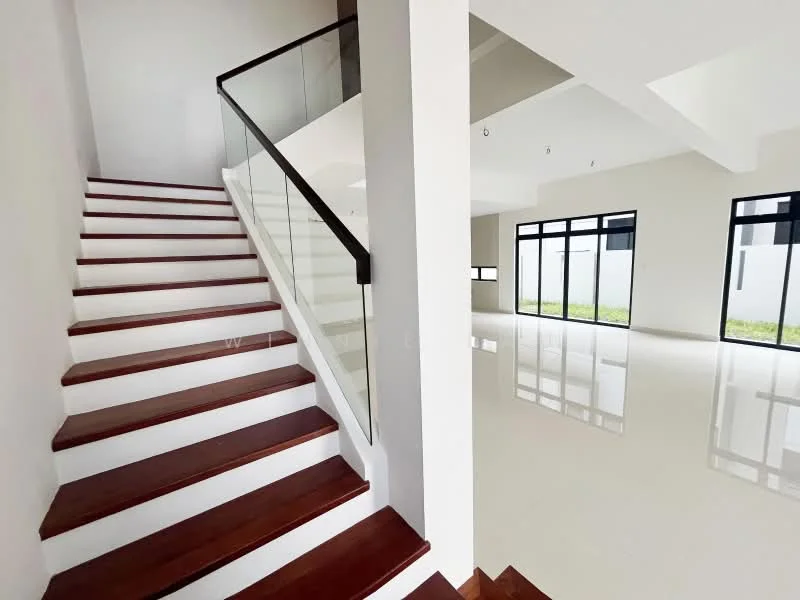 Room features: wooden staircase with glass railing, white painted walls, polished ceramic tile flooring, large windows allowing natural light, open space layout, high ceiling, minimalist design, neutral color palette; style: modern; view: garden.