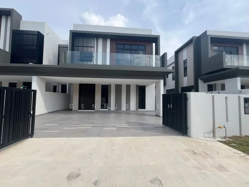Exterior type: linked terrace house; features: white painted facade, dark grey accent walls, glass balcony railings, paved driveway, manicured lawn, two-storey structure, modern architectural design, gated entrance, large windows, horizontal louvre screens; style: modern.