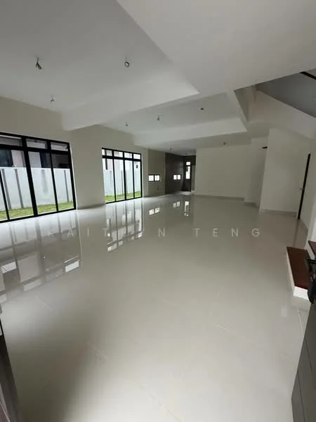 Room features: white painted walls, sliding glass doors, large windows, polished ceramic tile flooring, high ceiling with recessed lighting, open layout, natural light from multiple sources, neutral color scheme; style: modern; view: garden.