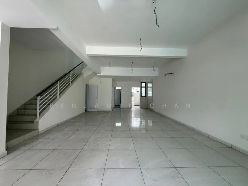 Room features: white painted walls, polished marble flooring, exposed ceiling with hanging wires, staircase with tiled steps, large windows for natural light, open layout, no visible furniture, neutral color scheme; style: modern.