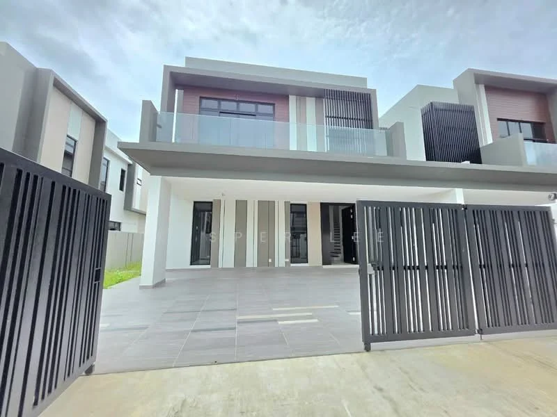 Exterior type: semi-detached house; features: two-storey structure, grey painted facade, glass balcony railing, horizontal wooden slats on upper level, large windows, tiled flooring at entrance, gated entrance, manicured lawn, concrete driveway, modern architectural design; style: modern.