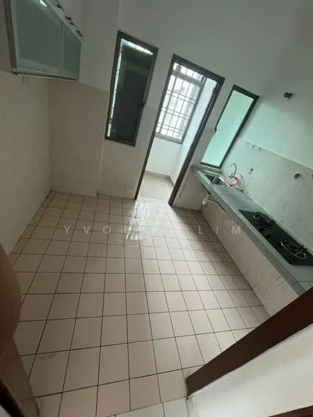 Kitchen features: white tiled walls, light beige tiled flooring, single-bowl stainless-steel sink, chrome pull-down faucet, granite countertop, 2-burner gas hob, built-in kitchen cabinets, window with metal grille, door leading to outside, wall-mounted storage cabinets; style: modern.