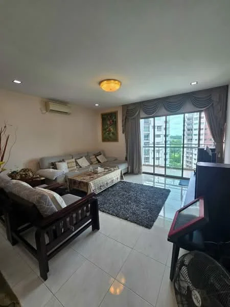 Living features: white painted walls, glossy tile flooring, 5-blade ceiling fan with light, recessed downlights, sofa with beige upholstery, coffee table, area rug with geometric pattern, TV console, floor-to-ceiling windows, curtains, decorative wall art, potted plants; style: modern; view: city.