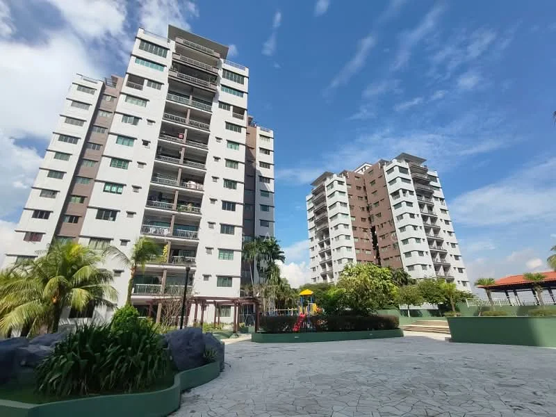 Exterior type: mid-rise condominium; features: two mid-rise buildings, balconies on each floor, landscaped garden area, playground visible, paved walkway, manicured greenery, outdoor seating area, palm trees, open space, clear blue sky; style: modern.