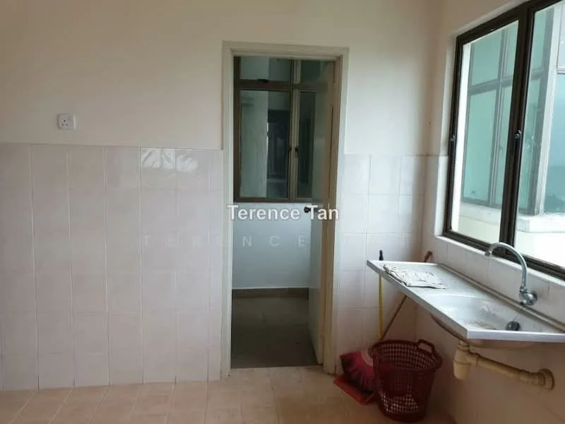 Laundry features: white tiled walls, cream tiled flooring, single-bowl stainless-steel sink, window with view to outside, doorway leading to another room, basket for storage.
