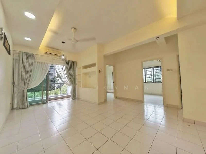 Living features: white painted walls, tile flooring, 5-blade ceiling fan, recessed downlights, floor-to-ceiling windows, sliding glass door, sheer curtains, balcony access, open layout, natural light; style: modern; view: garden. Room features: white painted walls, tile flooring, natural light.