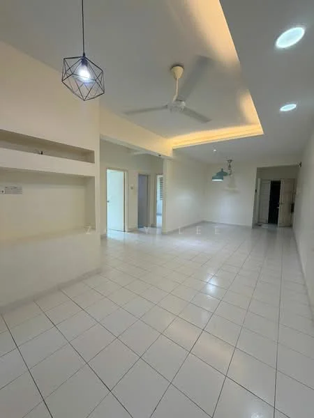 Living features: white painted walls, white ceiling with recessed lighting, 5-blade ceiling fan, square pendant light, glossy white tile flooring, open layout, built-in shelving unit, doorway leading to other rooms; style: modern.