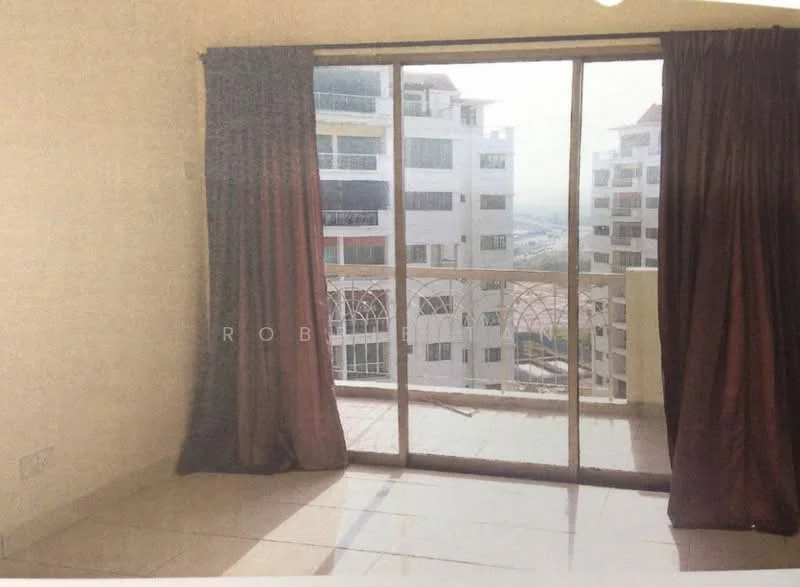 Room features: floor-to-ceiling sliding glass door, curtains in dark brown, cream painted walls, glossy tile flooring, balcony view, natural light from large window, neutral color scheme; view: city.