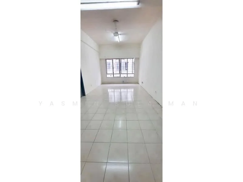 Room features: white painted walls, glossy ceramic tile flooring, ceiling fan, large windows, natural light, neutral color scheme, no visible furniture, spacious layout; style: minimalist.