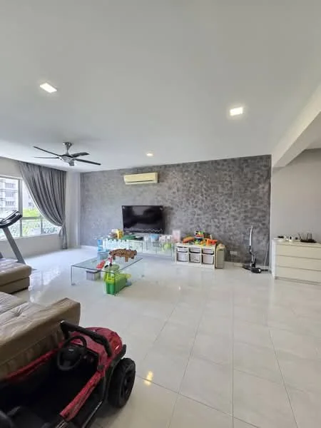 Living features: light grey accent wall, white painted walls, polished ceramic tile flooring, 5-blade ceiling fan with light, wall-mounted TV, glass coffee table, sofa in beige, exercise treadmill, storage boxes, vacuum cleaner, curtains, large windows with garden view; style: modern; view: garden.