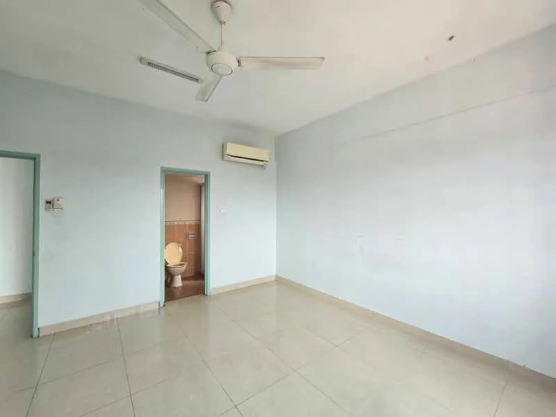Room features: light blue painted walls, white ceiling, ceramic tile flooring, 1 wall-mounted split AC, 5-blade ceiling fan, doorway leading to bathroom, window, no visible furniture or decor; style: minimalist.