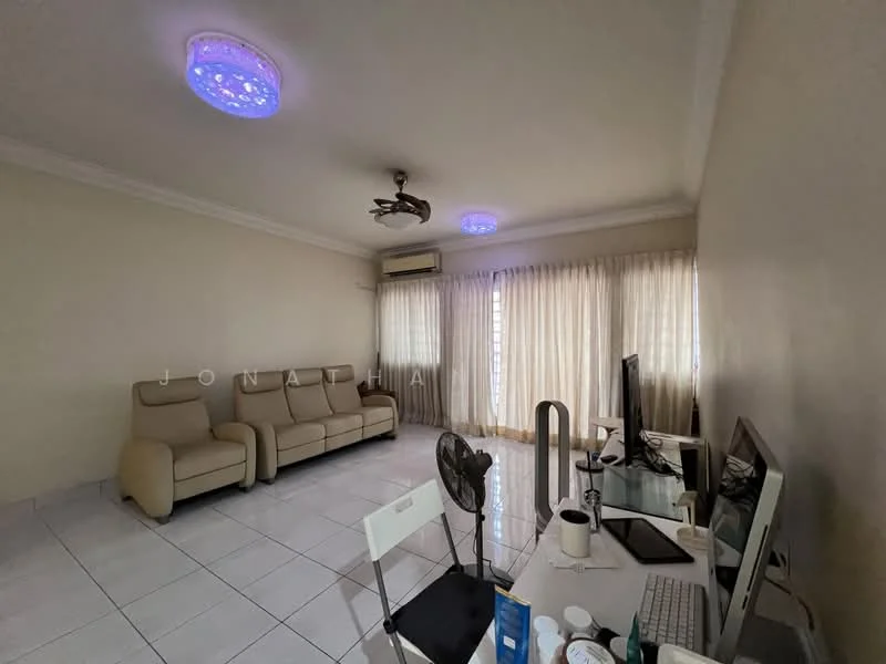 Living features: cream painted walls, white ceiling, 5-blade ceiling fan with light, recessed downlights, 3-seater fabric sofa in beige, white tiled flooring, floor-to-ceiling windows with sheer curtains, coffee table, computer desk, desktop computer, fan, decorative ceiling light; style: modern.