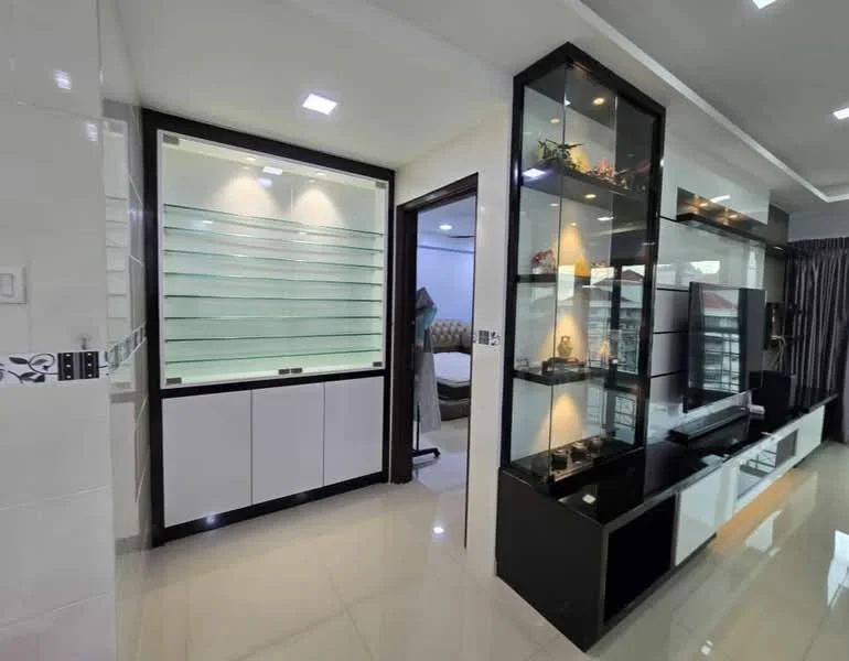 Room features: glossy tile flooring, white painted walls, built-in display shelves with glass panels, black cabinetry, LED recessed lighting, open shelving, TV console, decorative items on shelves; style: modern.