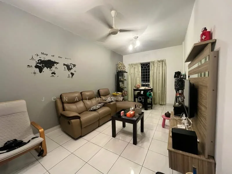 Living features: light grey painted walls, white ceiling, white tiled flooring, 3-seater brown leather sofa, 2-seater fabric armchair, wooden coffee table, TV console, wall-mounted TV, decorative wall map, curtains on window, ceiling fan, decorative plants on shelves; style: contemporary.