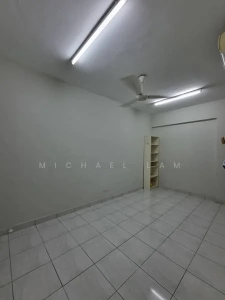 Room features: white painted walls, glossy white floor tiles, ceiling with fluorescent lighting, 1 ceiling fan, built-in shelving unit, neutral color scheme; style: minimalist.