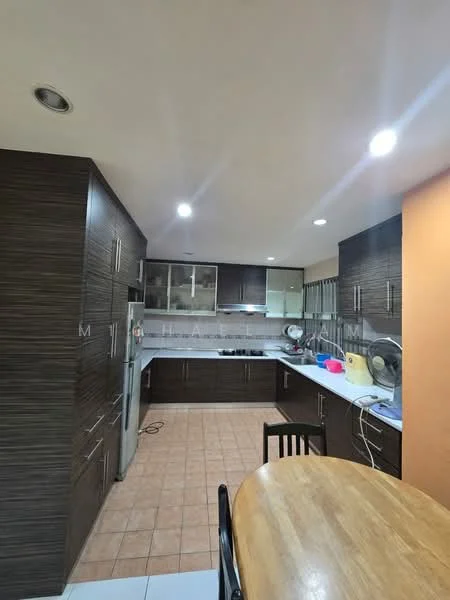 Kitchen features: brown wooden cabinetry, white countertop, stainless-steel fridge, built-in oven, 4-burner gas hob, exhaust hood, double-bowl stainless-steel sink, tile flooring, recessed LED downlights, wall-mounted fan, breakfast bar, open layout; style: modern.