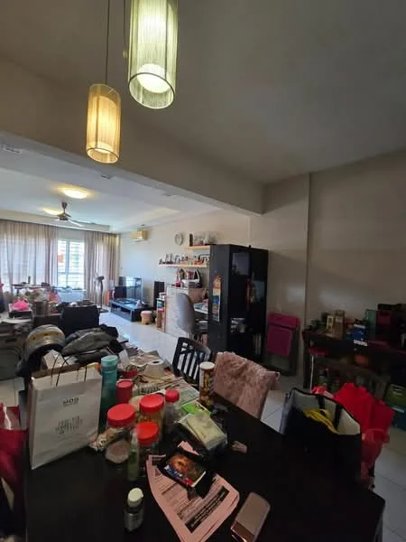 Living features: 2 pendant lights, ceiling fan, floor-to-ceiling windows with sheer curtains, light-coloured walls, white tiled flooring, black TV console, various decorative items on shelves, dining table with chairs, cluttered with personal items. Room features: white walls, light-coloured ceiling, cluttered with personal items.