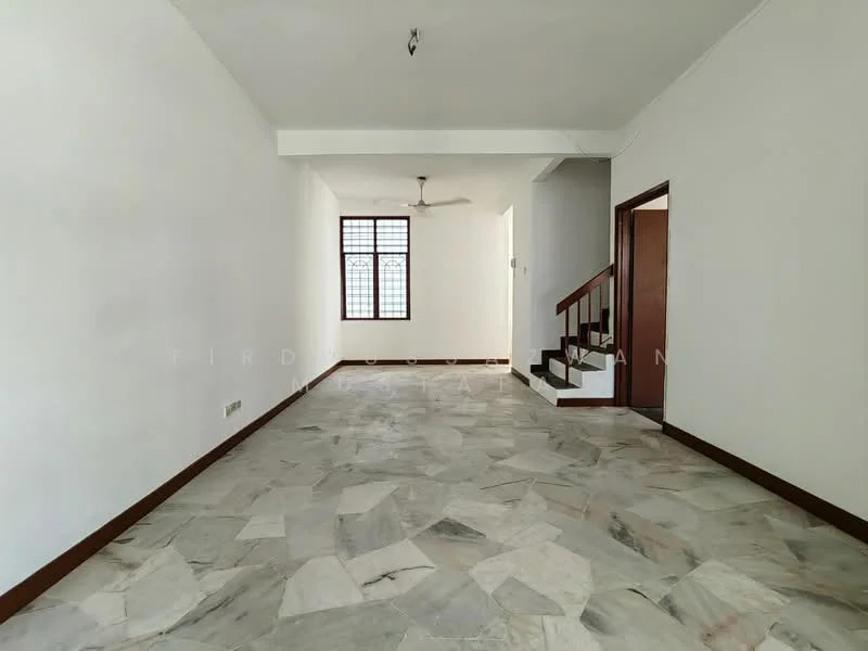 Living features: white painted walls, marble flooring, ceiling fan, large window with grid pattern, staircase leading to upper level, doorway to adjacent room; style: minimalist.