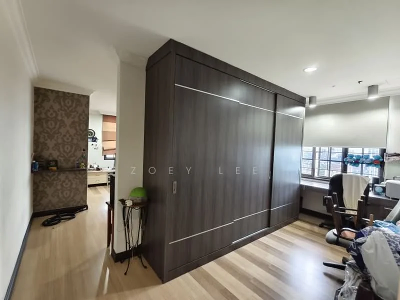 Room features: wooden flooring, built-in wardrobe with sliding doors, recessed downlights, large windows, office chair, desk, decorative wall with pattern, neutral wall color; style: modern.