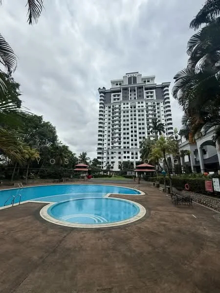 Exterior type: high-rise condominium; features: infinity pool, swimming pool deck, landscaped garden, palm trees, manicured lawn, poolside loungers, covered seating areas, multi-storey building, glass curtain wall facade, balconies on upper floors; style: modern.