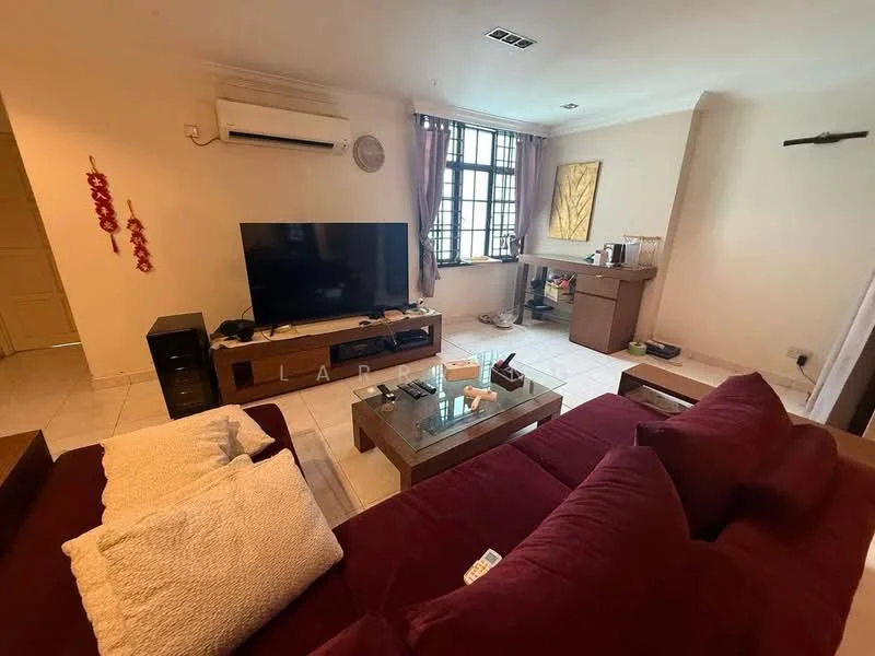 Living features: 3-seater fabric sofa in burgundy, coffee table with glass top, wall-mounted TV, TV console, air conditioning unit, floor-to-ceiling window, curtains, decorative wall art, tile flooring, light-colored walls, side table; style: contemporary.