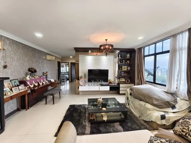 Living features: grey wallpaper with floral pattern, white painted walls, polished tile flooring, large floor-to-ceiling windows, chandelier, recessed downlights, wall-mounted TV, entertainment unit with storage, sofa with throw pillows, coffee table, area rug with geometric pattern, decorative items on shelves, side table, air conditioning unit; style: modern; view: city.