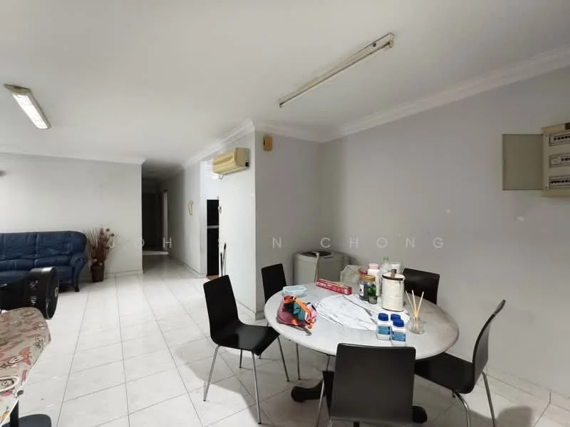 Dining features: round dining table, black dining chairs, white tiled flooring, grey painted walls, wall-mounted air conditioning unit, recessed ceiling lights, open layout to living area, kitchen area visible in background. Living features: blue fabric sofa, black leather armchair, white tiled flooring, grey painted walls, recessed ceiling lights, open layout to dining area, wall-mounted air conditioning unit.