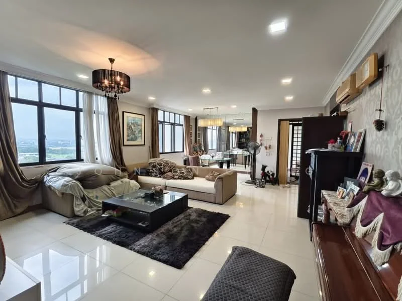 Living features: 3-seater fabric sofa in beige, 2-seater fabric sofa in grey, coffee table with glass top, area rug with geometric pattern, wall-mounted TV, TV console, chandelier, recessed downlights, floor-to-ceiling windows, curtains in beige, decorative wall art, decorative plants in ceramic pots, built-in shelving unit, polished tile flooring, cream painted walls; style: modern; view: city.