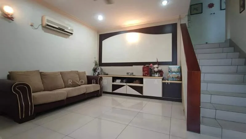 Living features: 3-seater fabric sofa in beige, wall-mounted air conditioning unit, white painted walls, dark wood accent wall, white cabinetry with storage, tile flooring, staircase with wooden handrail, decorative items on cabinetry; style: modern.
