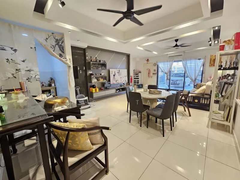 Living features: white tiled flooring, tray ceiling with recessed lighting, 5-blade ceiling fan, floor-to-ceiling windows with sheer curtains, dark wooden shelving unit, decorative wall with artwork, open-plan layout connecting to dining area, glass coffee table, upholstered dining chairs, wooden dining table, decorative plants, wall-mounted TV, storage cabinets, decorative items on shelves; style: modern.
