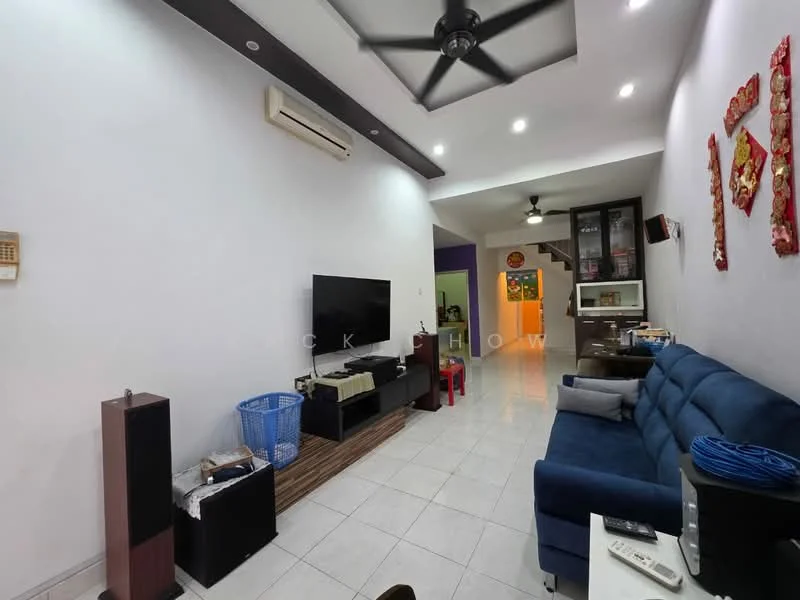 Living features: white painted walls, glossy white tile flooring, 5-blade ceiling fan with light, wall-mounted TV, black TV console, blue fabric sofa, wooden coffee table, decorative wall art, air conditioning unit, open layout, recessed lighting; style: modern.