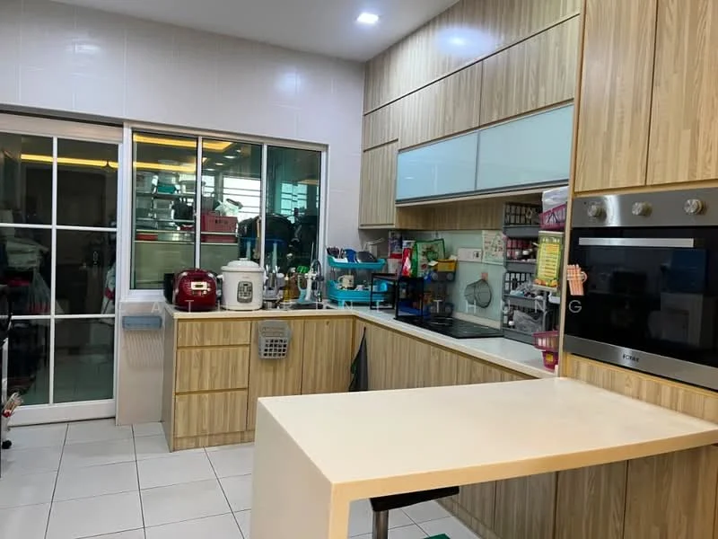 Kitchen features: wood cabinetry, white countertop, stainless-steel oven, built-in microwave, kitchen island, ceramic tile flooring, glass sliding door, recessed lighting, open shelving, kitchen appliances, sink, multiple storage compartments; style: modern.