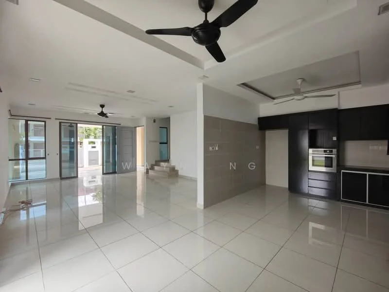 Living features: white painted walls, glossy ceramic tile flooring, 5-blade ceiling fan with light, 2 ceiling fans, floor-to-ceiling windows, sliding glass door, open layout, staircase visible, recessed downlights; style: modern; view: garden. Kitchen features: black cabinetry, built-in oven, stainless-steel range hood, countertop with backsplash, microwave, kitchen island; style: modern.