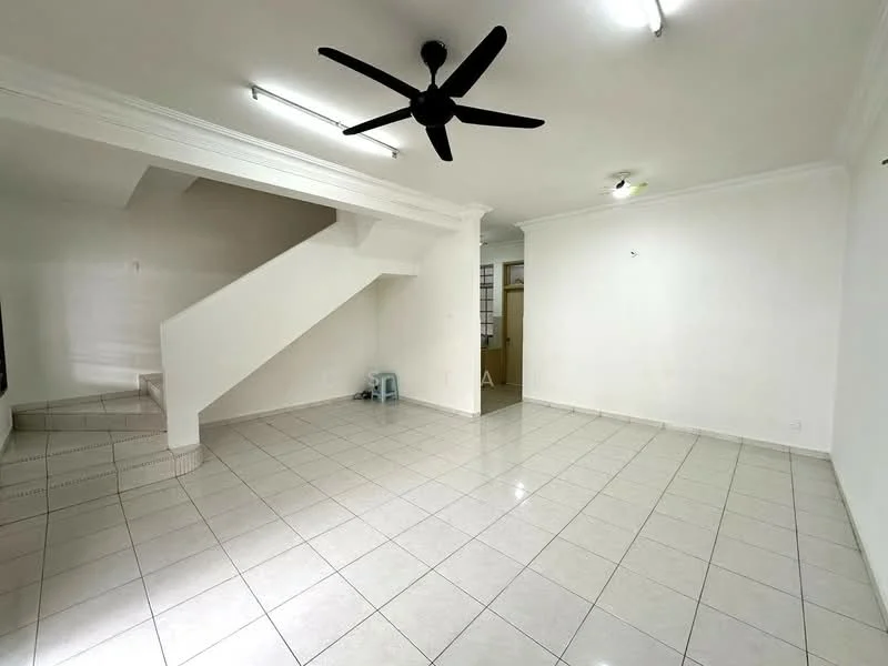 Living features: white painted walls, ceramic tile flooring, 5-blade ceiling fan, recessed downlights, staircase with white railing, open layout, corner for potential furniture placement, natural light from windows, neutral color scheme; style: modern.