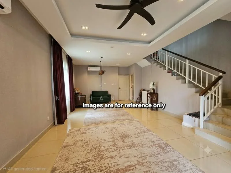 Living features: cream painted walls, tile flooring, 5-blade ceiling fan with light, recessed downlights, large area rug with geometric pattern, sofa in dark green, curtains in dark maroon, staircase with wooden railing, air conditioning unit on wall, decorative wall clock; style: modern.