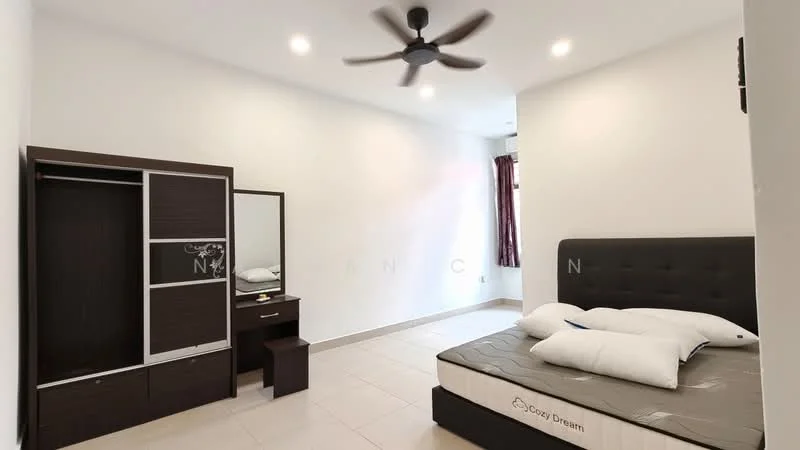 Bedroom features: queen-size bed, upholstered headboard, 2 white pillows, ceiling fan, built-in wardrobe with sliding doors, dressing table with mirror, white painted walls, tile flooring, window with sheer curtains; style: modern.