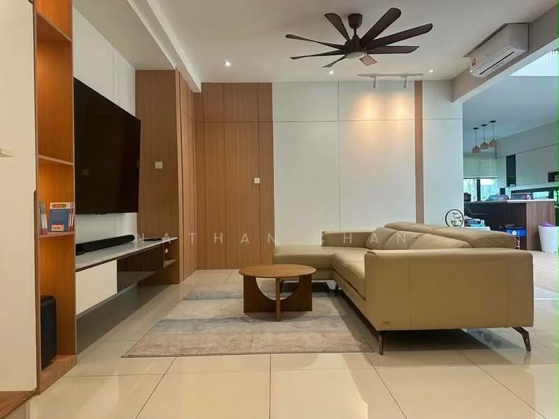 Living features: L-shape sectional sofa in beige, coffee table, wall-mounted TV, TV console, area rug, 5-blade ceiling fan with light, recessed downlights, cream painted walls, glossy tile flooring, built-in cabinetry, large windows, open layout to kitchen, decorative wall paneling; style: modern.