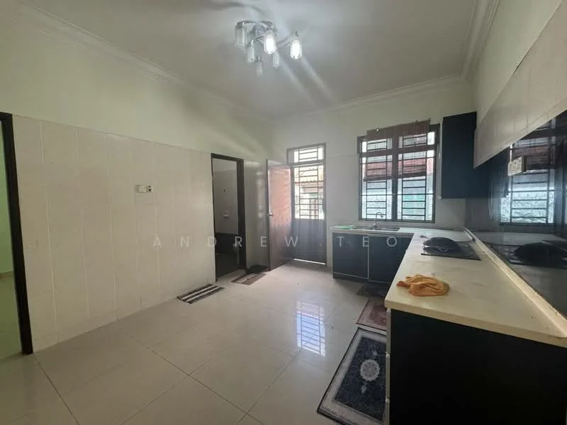 Kitchen features: white painted walls, cream tiled backsplash, grey cabinetry, black countertop, stainless-steel sink, chrome faucet, 4-burner gas hob, built-in oven, recessed ceiling lights, tile flooring, window with grid pattern, door leading to hallway; style: modern.
