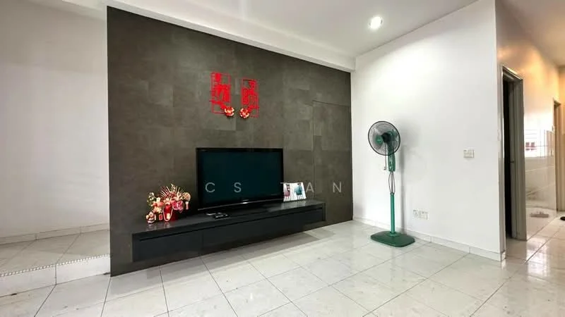 Living features: white painted walls, grey accent wall, marble tile flooring, wall-mounted TV, black TV console, decorative plants, floor fan, recessed lighting; style: modern.