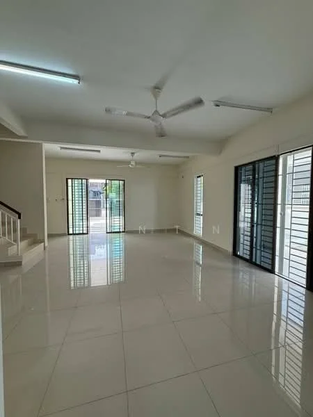 Living features: white painted walls, polished ceramic tile flooring, 5-blade ceiling fan with light, sliding glass doors, floor-to-ceiling windows, natural light from multiple windows, open layout, neutral color scheme; style: modern; view: garden.