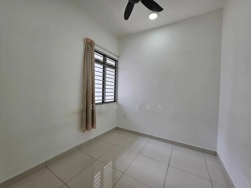 Room features: white painted walls, glossy ceramic tile flooring, ceiling fan, window with horizontal slats, curtain on window, neutral color scheme, no visible furniture, single light fixture in ceiling; style: minimalist.