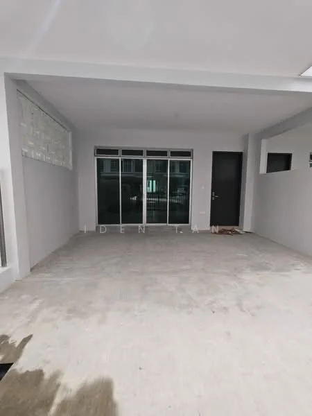 Exterior features: grey painted walls, concrete flooring, large glass windows, single main entrance door, open space, minimalist design; style: modern.