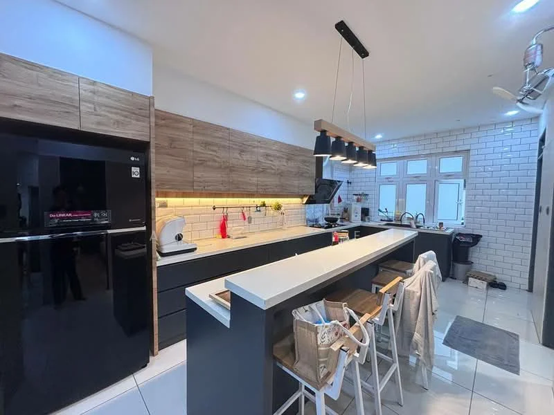 Kitchen features: white subway tile backsplash, laminate countertop, black cabinetry, wood grain upper cabinets, stainless-steel fridge, built-in oven, 4-burner gas hob, black range hood, pendant lighting, bar stools, double-bowl stainless-steel sink, window with natural light, white tiled flooring, open shelving, kitchen utensils on display; style: modern.
